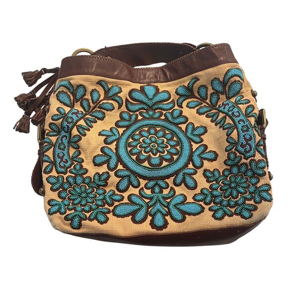 M1-87 ISABELLA FIORE Oh Suzani Nikki Women's Vintage Beaded Tote Bag Turquoise - Picture 1 of 10